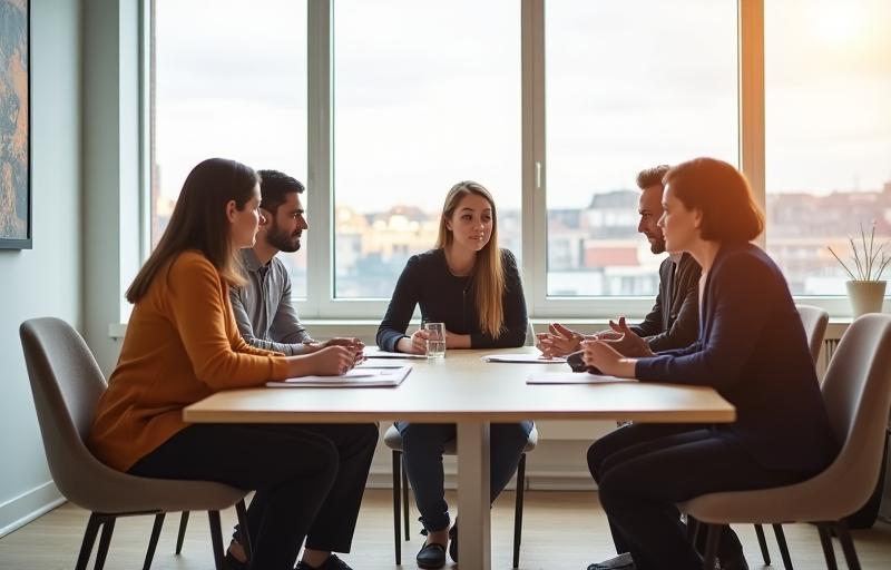 Small team of professional development consultants having a discussion in a bright, modern office overlooking Zurich.