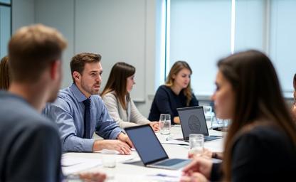 Group of candidates participating in an assessment centre exercise.