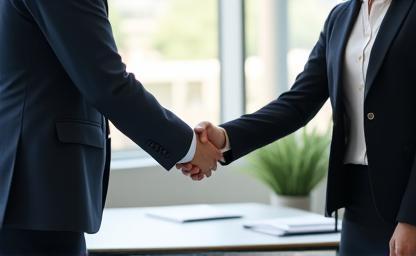 Person confidently shaking hands during an interview.