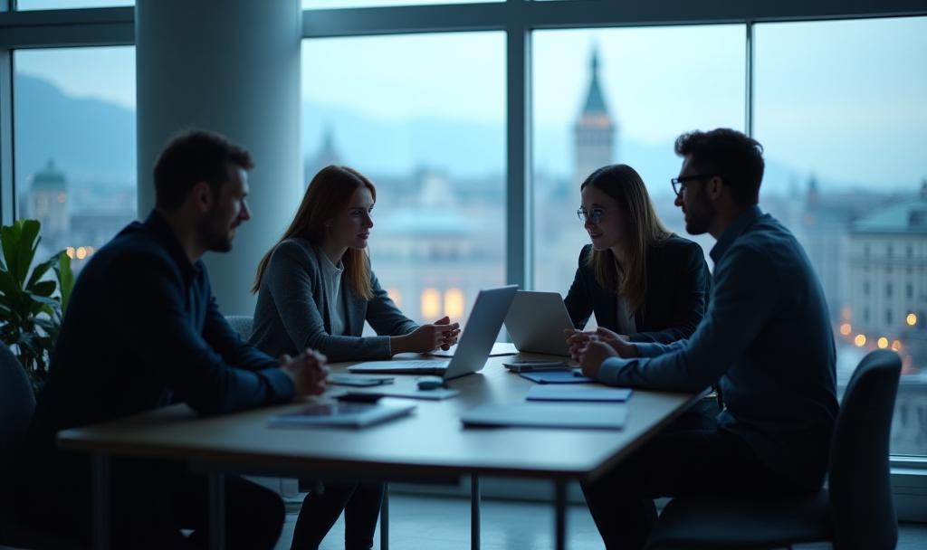 Diverse group of professionals in a modern office setting with Zurich skyline visible, suggesting collaboration and growth.